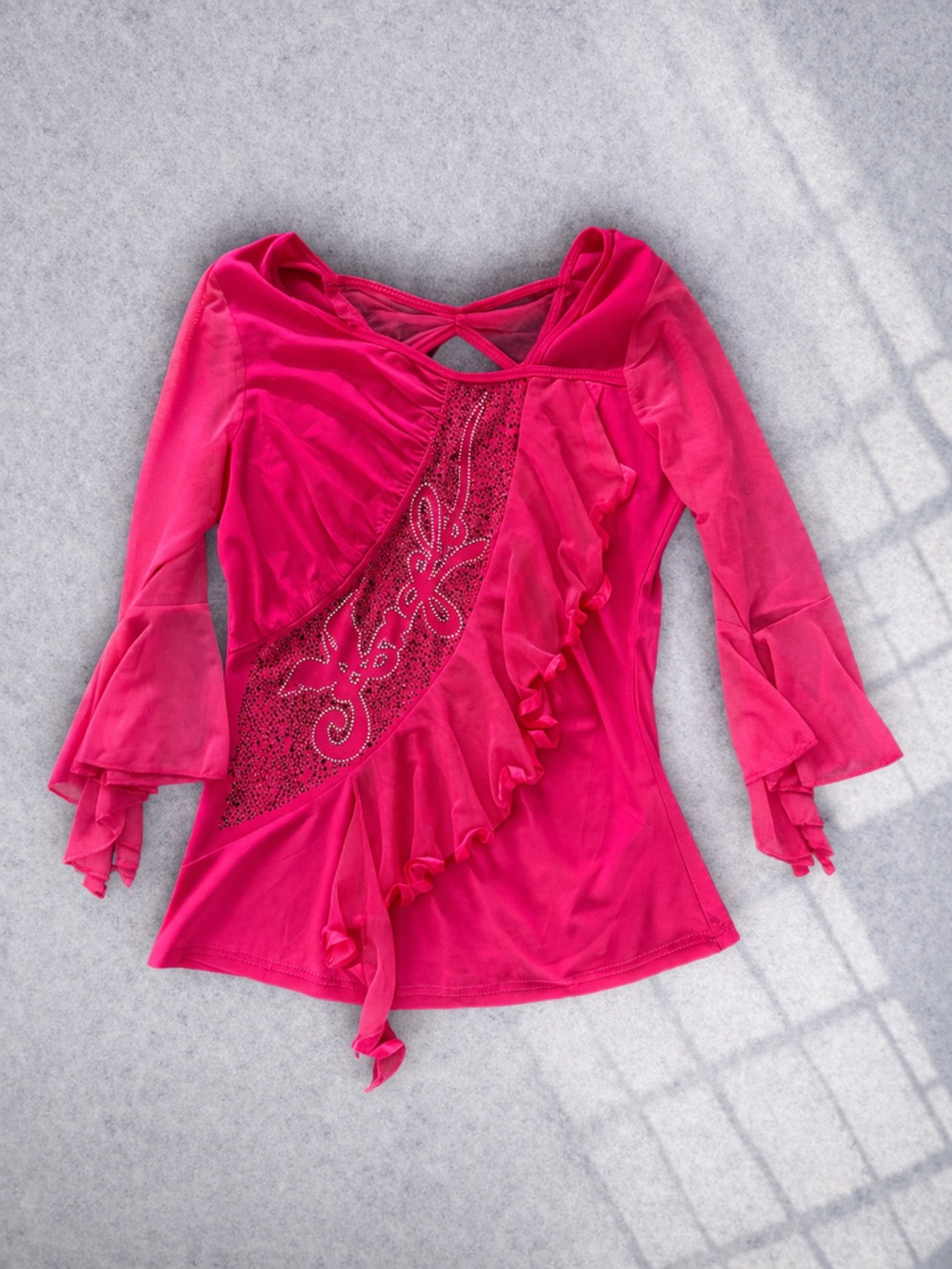Y2K Pink Ruffle Mesh Top Coquette Studded Princess Blouse